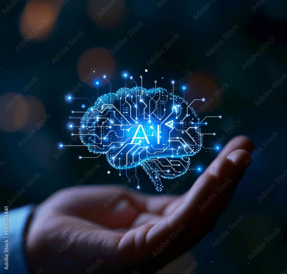 Poster artificial intelligence brain with circuit patterns in human hand for futuristic technology concept