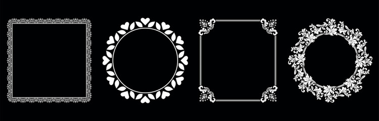 Set of decorative frames Elegant vector element for design in Eastern style, place for text. Floral black and white borders. Lace illustration for invitations and greeting cards.