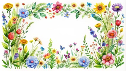 Vibrant, whimsical watercolor illustration of a colorful wildflower border, featuring a botanical frame on a transparent background, perfect for summer-themed invitations.