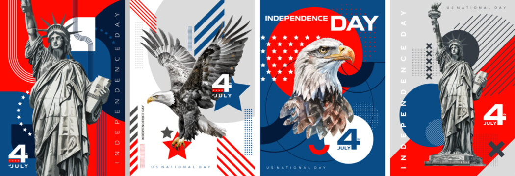 US Independence Day posters collection. Stylish designs with painted and traced Statue of Liberty, national eagle and geometric shapes. 4th of July, National Day