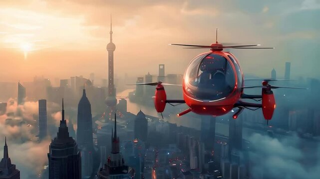Autonomous driverless aerial vehicle flying on city background. Future transportation, private air taxi concept