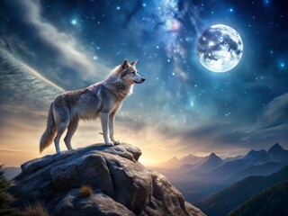 Majestic lone wolf perches on a rock outcropping, bathed in ethereal moonlight, against a backdrop of star-studded night sky, evoking mystery and wild beauty.