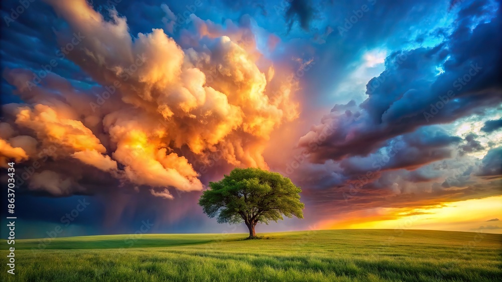 Wall mural Vibrant surreal landscape with lone tree, dramatic storm clouds, ethereal environment, fantasy, nature, sky - Wall murals