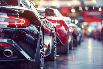 Naklejka premium Modern cars lineup in showroom with vibrant tail lights