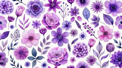 Vibrant purple watercolor flowers in various shapes and sizes are scattered across a pristine white background, perfect for decorative wallpaper or design elements.