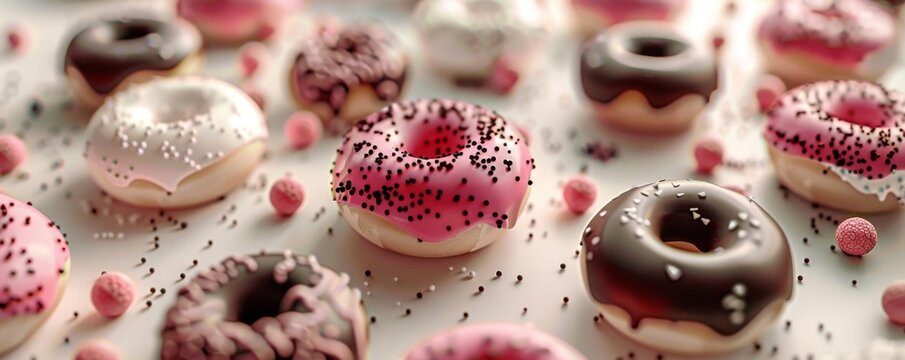 Assorted delicious donuts with colorful icing and sprinkles on a white background