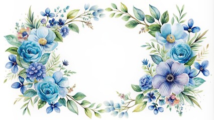 Fototapeta premium Delicate watercolor floral background featuring a circular frame with a stunning blue flower design set against a crisp white background.