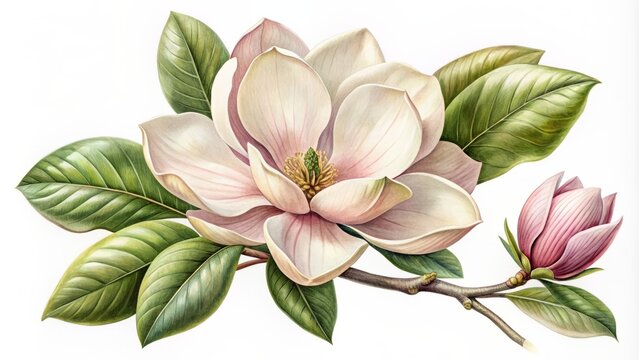 Antique-style botanical illustration of a delicate magnolia flower with soft petals and stamens, isolated on a transparent background, showcasing intricate details and vintage charm.