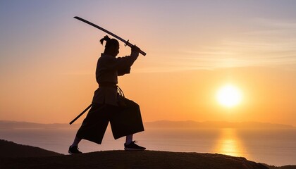 japanese samurai worrior against sunset 