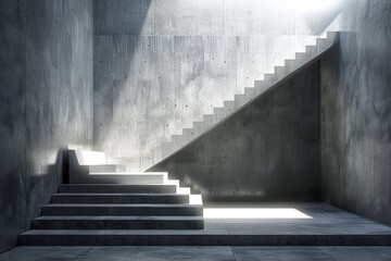 Fototapeta premium Sunlight streaming through modern concrete staircase in architectural interior