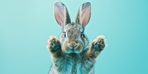 Fototapeta premium Cute bunny located on a solid blue background