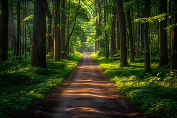 Obraz premium A path in the forest lined with tall, beautiful trees in the sunlight