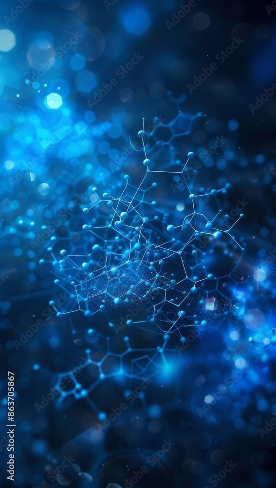 Poster abstract molecular structure on blue background with glowing bokeh, representing advanced science an