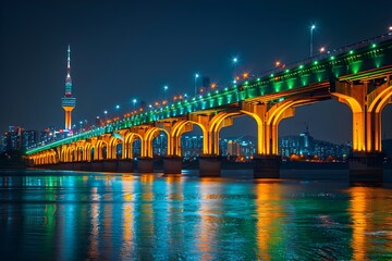 Fototapeta premium Night view of the city filled with colorful lights of bridges and large buildings illuminated by colorful lights