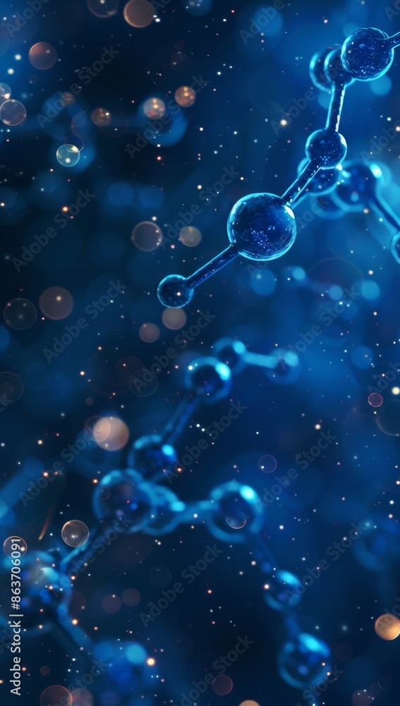 Poster abstract visualization of molecular structure with glowing particles on blue background