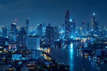 Fototapeta premium The night view on a blue background features large and diverse illuminated buildings and buildings in a city with a large river passing by.