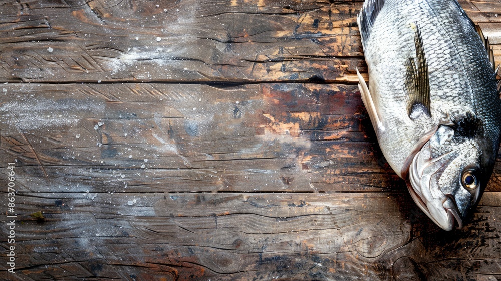 Poster fresh sea bream on rustic table with copy space top view