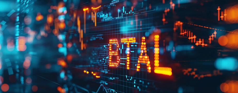 The phrase "BTAL" on a trading chart background with coins and charts in the styles of orange, indigo and gunmetal colors
