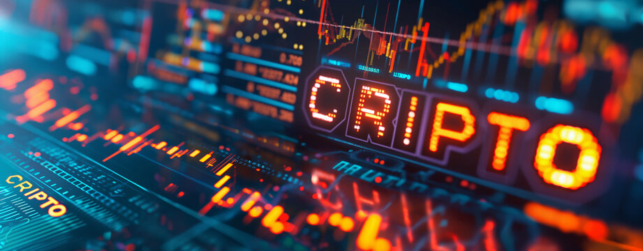The phrase "CRYPTO" on a trading chart background with coins and charts in the styles of orange, indigo and gunmetal colors
