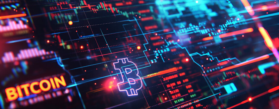 The phrase "Bitcoin" on a trading chart background with coins and charts in the styles of orange, indigo and gunmetal colors
