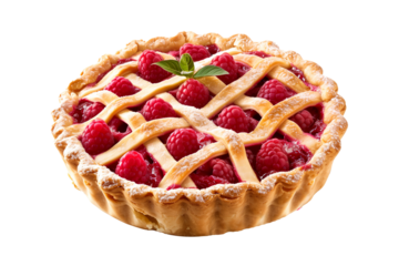 Freshly baked raspberry pie with a stunning lattice crust isolated on white transparent background