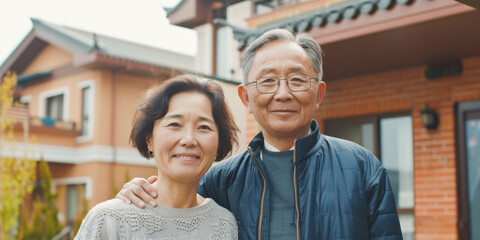 Happy asian couple standing in front of their own home and smiling