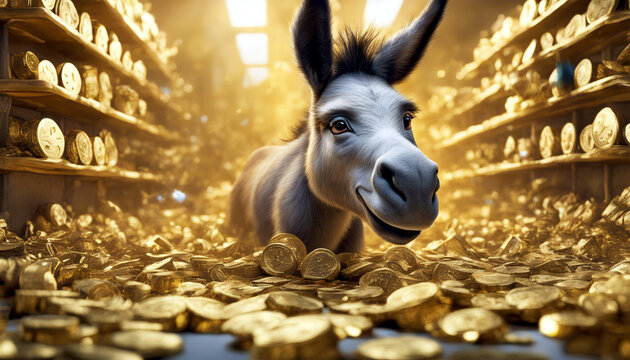 Ein Esel steht in Unmengen von Goldm&uuml;nzen und Goldbarren. Konzept: Vorsorge