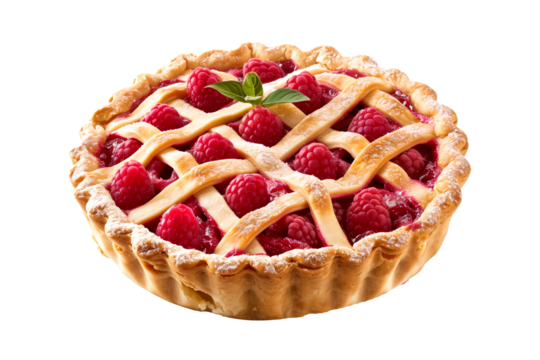 Freshly baked raspberry pie with a stunning lattice crust isolated on white transparent background