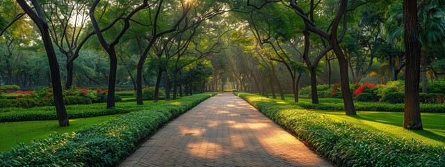  A sunlit pathway weaves through a verdant park, surrounded by trees and shrubs
