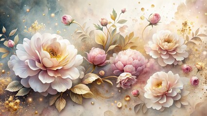 Obraz premium Delicate floral petals unfold amidst a soft, watercolor haze, accented by elegant splashes of gold, creating a sense of refined, luxurious sophistication.