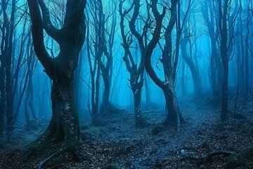 Enigmatic blue forest in mysterious fog