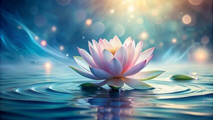 Delicate watercolor illustration of a serene lotus flower blooming in a subtle gradient of pastel hues, surrounded by gentle ripples on a soft blue background.