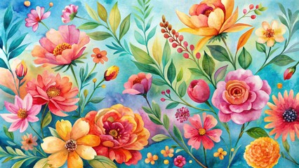 Fototapeta premium Vibrant watercolor ink painting featuring bright spring flowers and leaves in shades of pink, yellow, and orange, set against an abstract soft blue background.