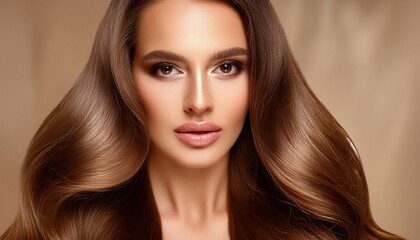 Naklejka premium Portrait of a Model with Shiny Brown Hair and Makeup