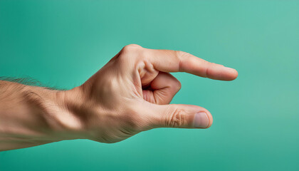 Closeup hand against green background, thumb and index finger nearly touching, precision and detail symbol.