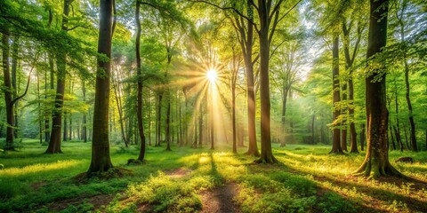 A peaceful clearing in the woods with sunlight filtering through the trees , tranquil, nature, forest, serenity, trees