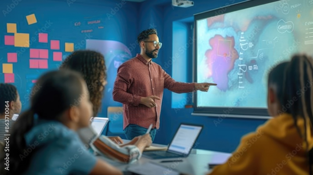 Poster portrait of teacher teaching about ai at digital classroom. multicultural elementary student learnin