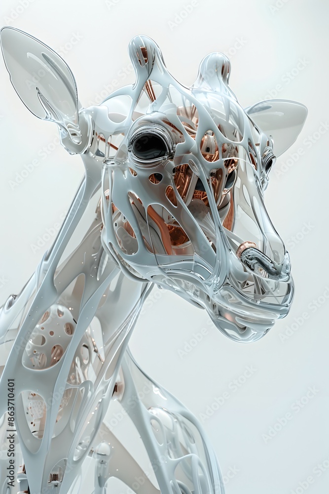 Poster blissful cyborg animal creature in minimalist white setting with striking half-robotic face and neck