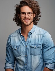 Fototapeta premium Smiling young Caucasian man with glasses and wavy hair in a denim shirt