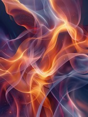 Fototapeta premium Abstract, fluid, and vibrant light waves in orange and purple hues interweaving against a dark background, creating a sense of motion and depth with delicate, wispy textures. 