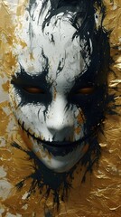 Haunting and Unsettling Graphic of a Distorted Mask with Exaggerated Details and Contrasting Black and White Tones