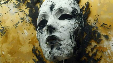 Haunting and Distorted Mask with Exaggerated Features in Graphic Style and Cinematic Atmosphere