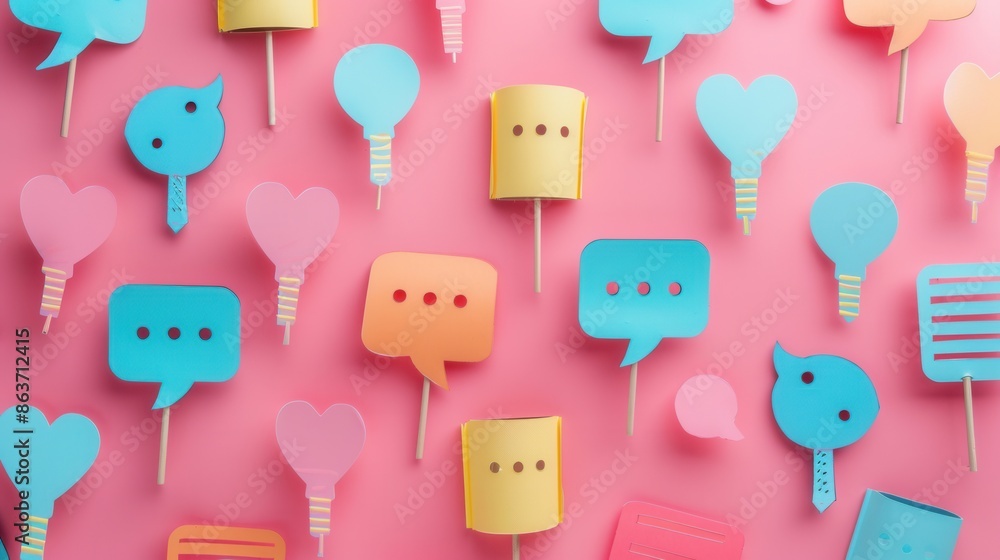 Aufkleber A close-up image of colorful paper speech bubbles and icons, representing social media ads and announcements, set against a vibrant pink background. Generative AI