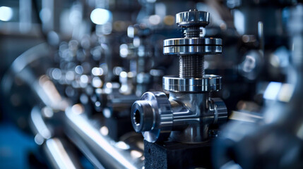 Close-up of a steel valve in an industrial factory setting, highlighting the precision engineering and machinery details.