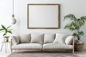 Minimalist Modern Living Room with Grey Sofa Near White Wall, Mockup Poster Frame for Copy Space in Mid-Century Home