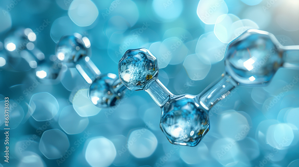 Poster a close-up of transparent blue molecular structures with a bokeh background, highlighting their intr