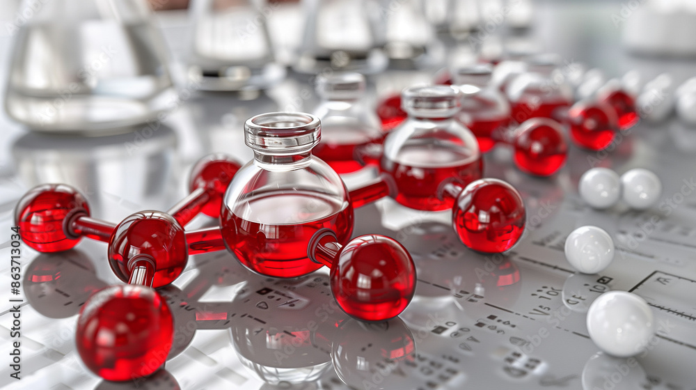 Poster red molecular structures and vials on a reflective lab surface, surrounded by white molecular models