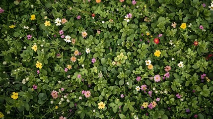 Close-up photograph from above of a green grass field dotted with colorful flowers, providing a refreshing and cheerful springtime or summer scene.