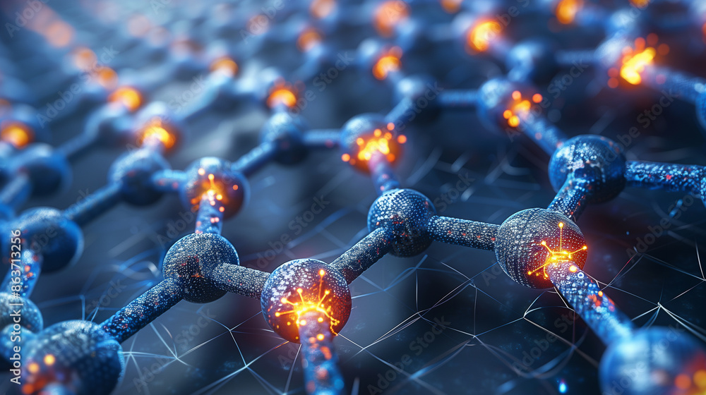 Aufkleber close-up of a futuristic nanotechnology structure with interconnected nodes and glowing orange energ