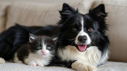 Fototapeta premium A cute black and white dog and kitten lying together on a couch, looking directly at the camera.
